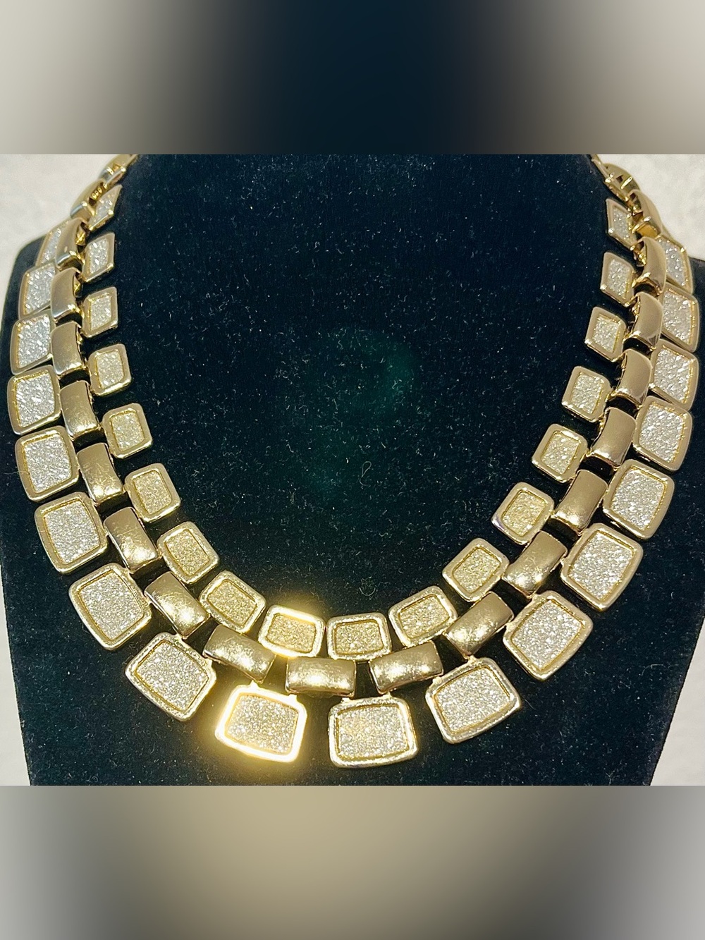 Vintage Gold-Tone Pavé Square Link Collar Necklace